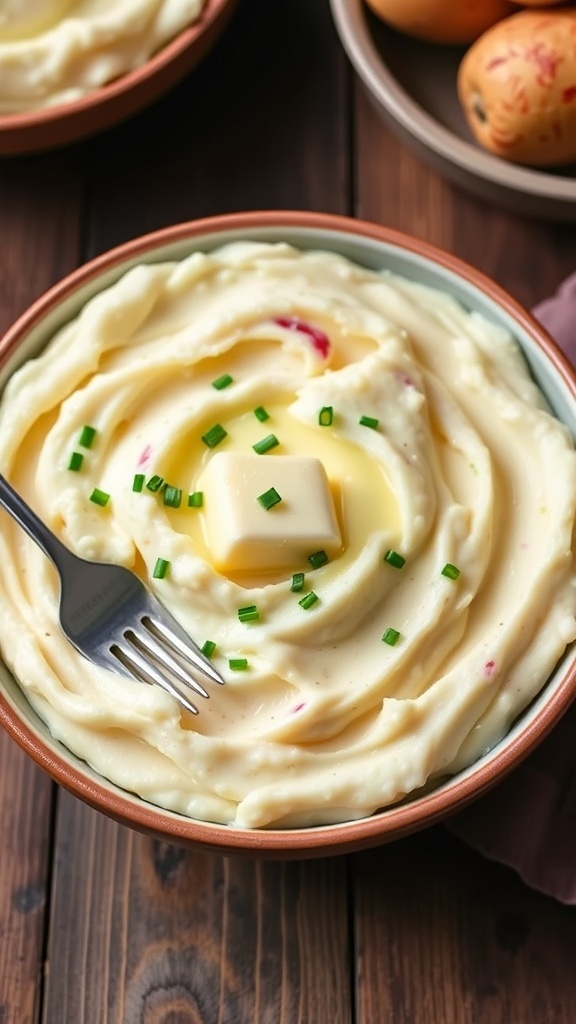 Creamy mashed red skin potatoes in a bowl, garnished with chives, on a rustic table.
